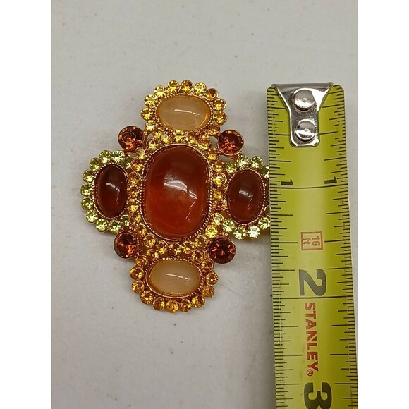 Butterscotch Amber Cream Lucite Cabochon Multicolor Rhinestone Brooch Pendant - Picture 7 of 8